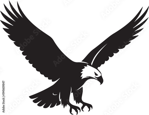 Eagle bird flying spreading wings vector silhouette illustration, majestic raptor line art