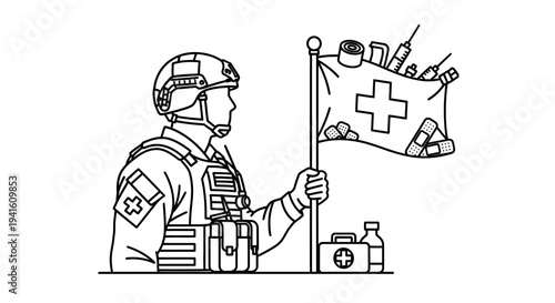 Soldier holding medical flag with first aid supplies, symbolizing military healthcare and aid