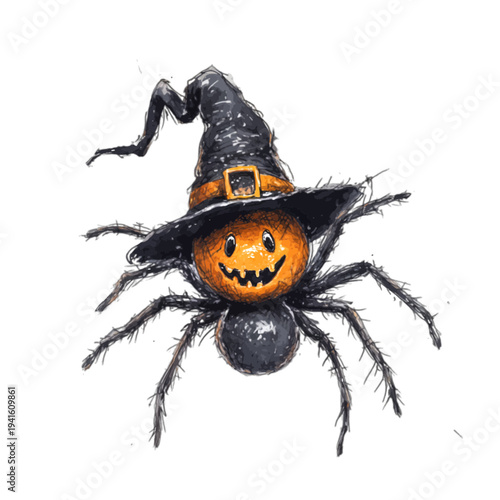Watercolor Halloween spider with a grinning jack o lantern head and witch hat
