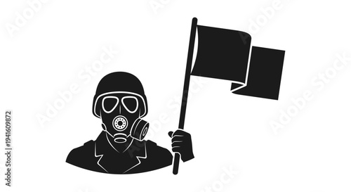 Soldier in Gas Mask Holding Black Flag, Post-Apocalyptic Symbolism, Protest, Dystopian Future