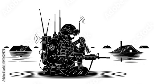 Soldier in Flood with Communication Gear and Rifle, Post-Apocalyptic Scene