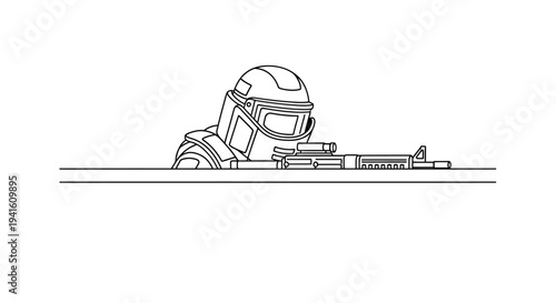 Soldier in protective gear with assault rifle peeking over cover, line art illustration