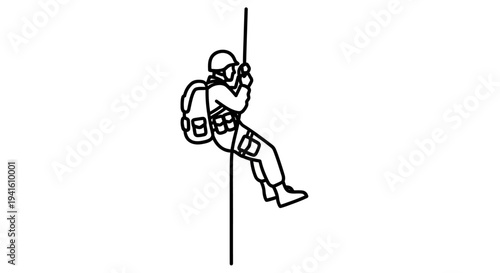 Soldier rappelling down a rope with backpack and helmet, military training, extreme sport
