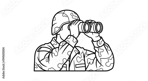 Soldier looking through binoculars, military surveillance, reconnaissance, observation, camouflage uniform
