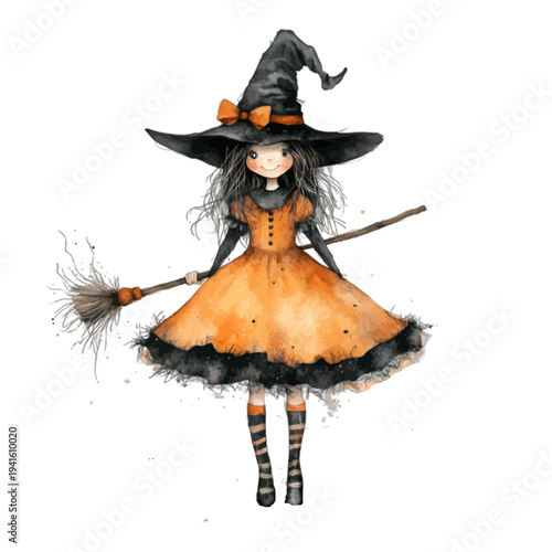 Watercolor cute young witch with broomstick in orange dress and hat