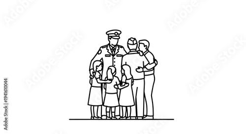 Soldier reunited with family, children hugging, homecoming, military service, love, support