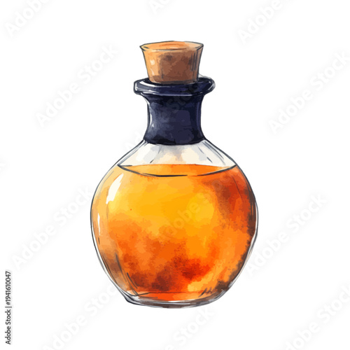 Watercolor orange magic potion bottle with cork stopper illustration
