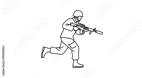Soldier Running with Rifle, Military Action, Combat Scene, Outline Illustration