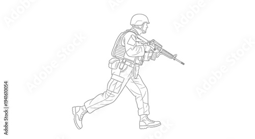 Soldier Running with Rifle, Military Action, Tactical Gear, Combat Ready