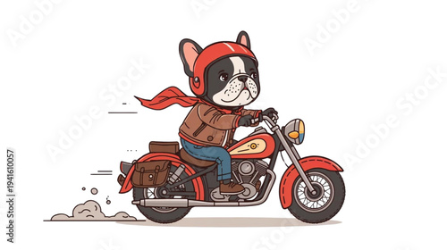 French Bulldog Riding a Vintage Red Motorcycle Wearing a Helmet and Scarf on an Adventure