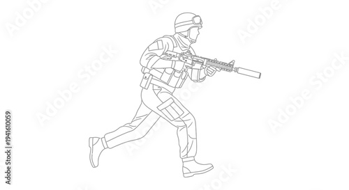 Soldier Running with Rifle and Silencer, Tactical Gear, Military Action Line Art