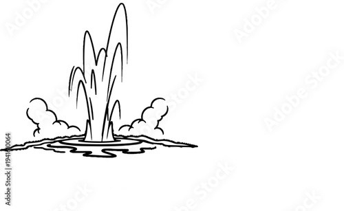 A black and white line drawing of a geyser erupting with steam