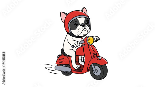 French Bulldog Wearing Red Helmet Riding a Classic Red Scooter with Speed Lines