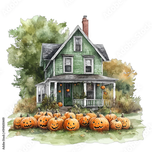 Watercolor green Halloween farmhouse with carved jack o lantern pumpkins