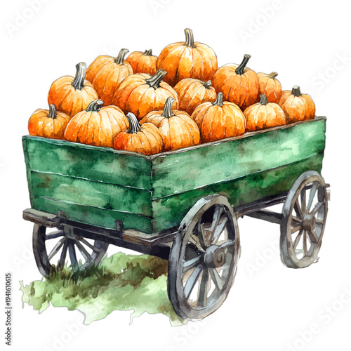 Watercolor rustic green wagon filled with fresh orange harvest pumpkins