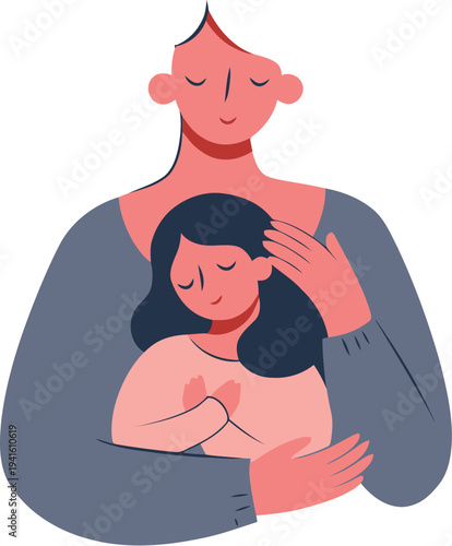 Mother embracing child with eyes closed in love