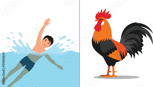Young man swimming freestyle in blue water with splashes vector illustration for summer sports fitness vacation exercise and healthy lifestyle leisure activities
