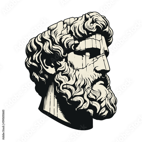 Broken Ancient Greek Statue Head of Zeus Vector Illustration