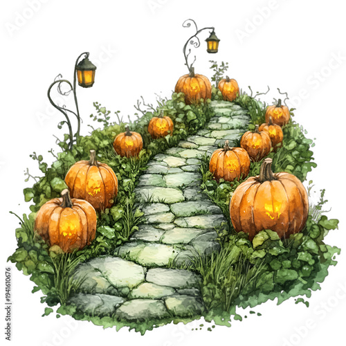 Watercolor spooky garden path with glowing Halloween jack o lanterns