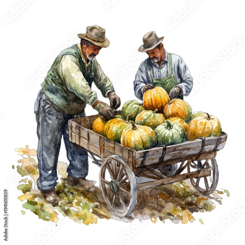 Watercolor farmers loading a rustic wooden cart with fresh pumpkins