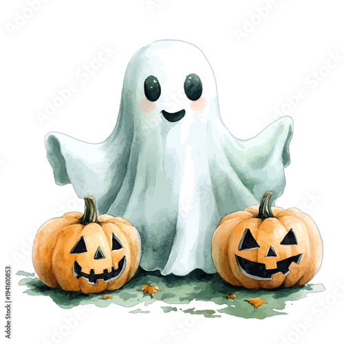 Watercolor cute ghost sitting between two smiling Halloween pumpkins