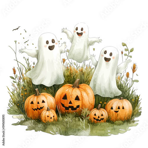 Watercolor cute ghosts and jack-o-lantern pumpkins in a spooky field
