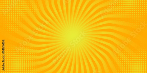 Bright yellow twisted comic sunburst background with halftone dot pattern, retro radial rays swirl effect for pop art posters, banners, advertisements, and graphic templates