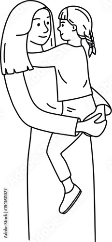 Minimalist line art illustration of mother holding daughter with affectionate gaze on white background