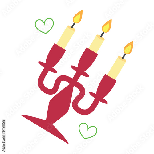 Pink vintage chandelier candelabra with three lit candles and green heart decoration.