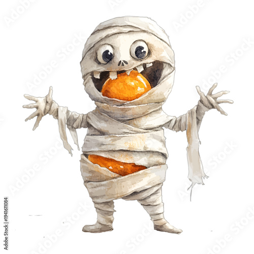 Watercolor cute baby mummy character eating an orange Halloween candy
