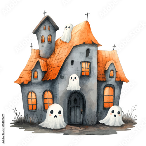 Watercolor spooky haunted house with glowing windows and cute ghosts