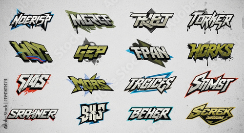 Collection of Graffiti-Style Word Logos with Drip Effects and Bold Lettering.