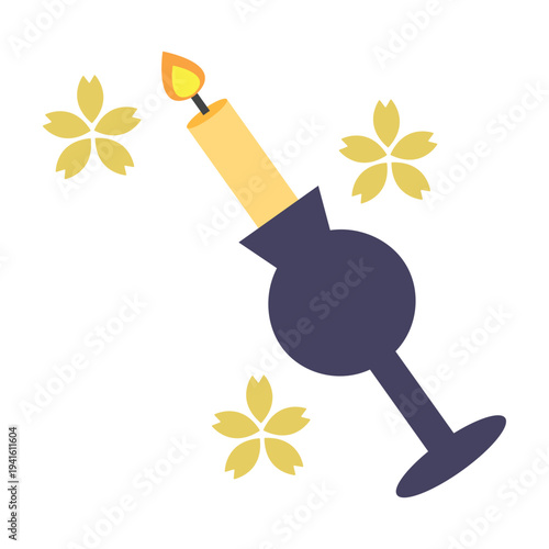 Purple lit candle on a blue holder stand with yellow sparkles for celebration.