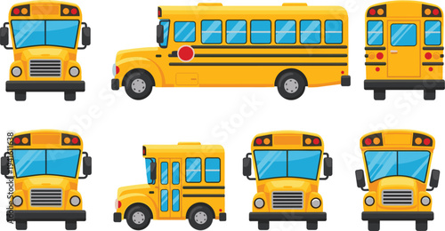 Set of yellow school bus vectors from different angles including front, side, and back views for student transportation and education design isolated on white.