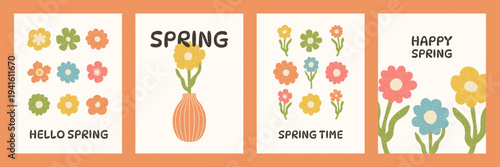 Spring greeting card set with flowers in retro hand drawn style. Floral elements, bouquet in vase and decorative compositions on light background. Vector illustration for postcard, poster, invitation