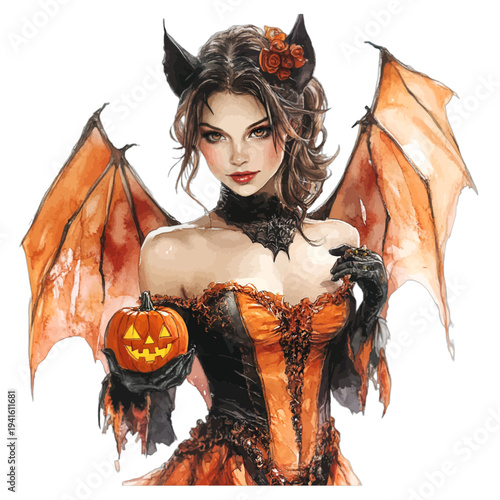 Watercolor fantasy woman with orange bat wings holding a jack o lantern