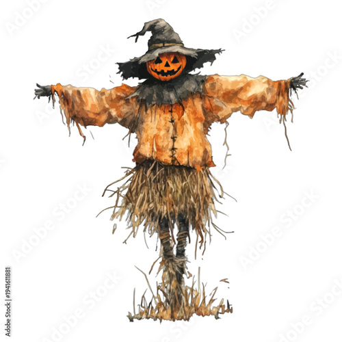 Watercolor spooky Halloween scarecrow with jack-o-lantern head and straw body