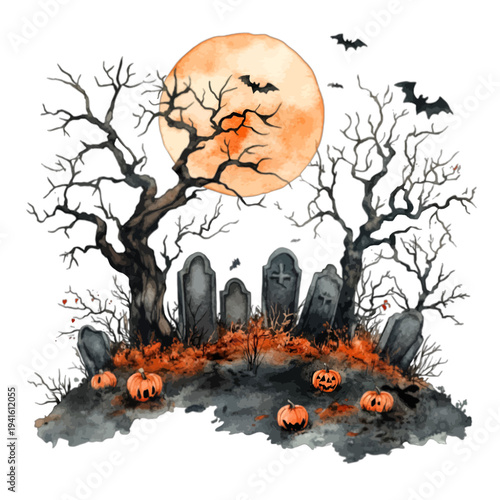 Watercolor spooky graveyard with orange full moon and jack o lanterns
