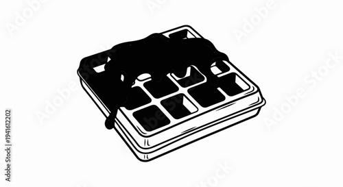 A black and white line drawing of a square waffle topped with dripping chocolate sauce