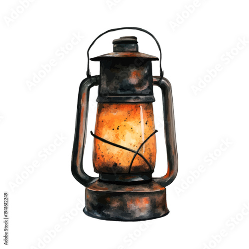 Watercolor vintage lantern with glowing warm light and rustic metal texture