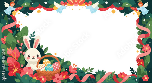 Cute white easter bunny with eggs in a floral frame for spring celebration.