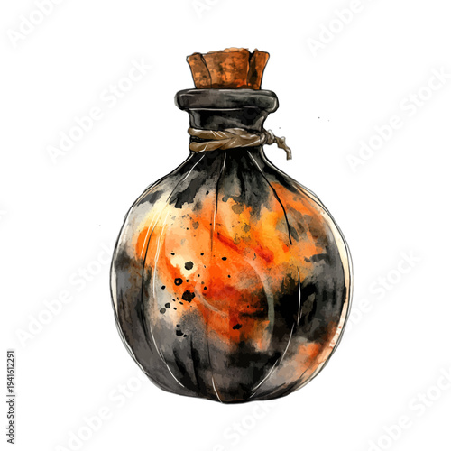 Watercolor fantasy potion bottle with glowing orange and black liquid