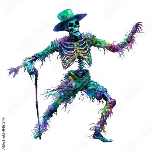 Watercolor dapper skeleton in top hat and suit with vibrant paint drips
