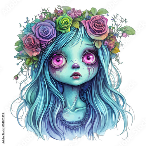 Watercolor zombie girl portrait with blue hair and floral rose crown