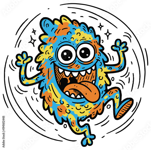 An energetic monster bursting with chaotic excitement. The playful movement lines give it a dynamic meme vibe.
