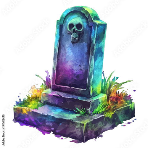 Watercolor spooky gravestone with skull and vibrant colorful grass splatters