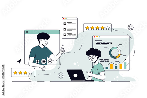Video call concept meeting online or Videoconferencing, Flat line design, Character with speech bubble.