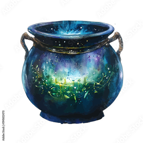 Watercolor fantasy cauldron with glowing galaxy nebula and magic potion
