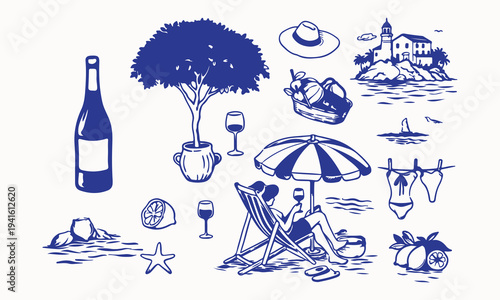 Hand Drawn Summer Picnic and Beach Vacation Doodle Elements Vector Set
