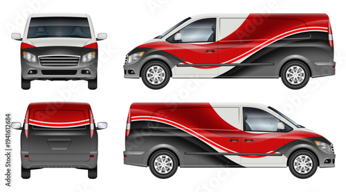 Delivery minivan wrap vector mockup shown from side, front, rear view. Perfect for corporate identity, vehicle branding and design concepts. All elements in the groups are in separate layers